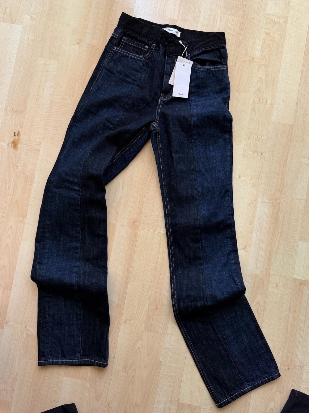 Mango Dark Wash Straight Leg Jeans with Corduroy Waist | Size US 0 / EUR 32